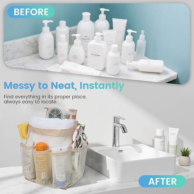 Mesh Shower Caddy for College Dorm Room Essentials for Girls with 9 Pockets,Large-Capacity Shower Basket,Quick Dry Toiletry Tote Bag for Women,Outdoor Gym,Travel,Swim,Beach Camping Essentials-Beige