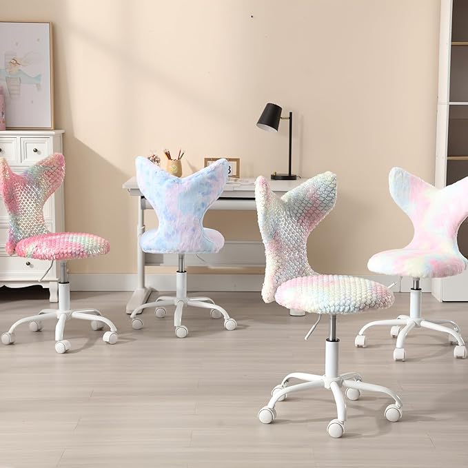 Fuzzy Desk Chair, Cute Swivel Children Desk Chair with Wheels for Kids Bedroom Upholstered Rolling Study Chair Adjustable Computer Chair Mermaid Back Vanity Chair for Teen Girls Boys, Pink Colorful