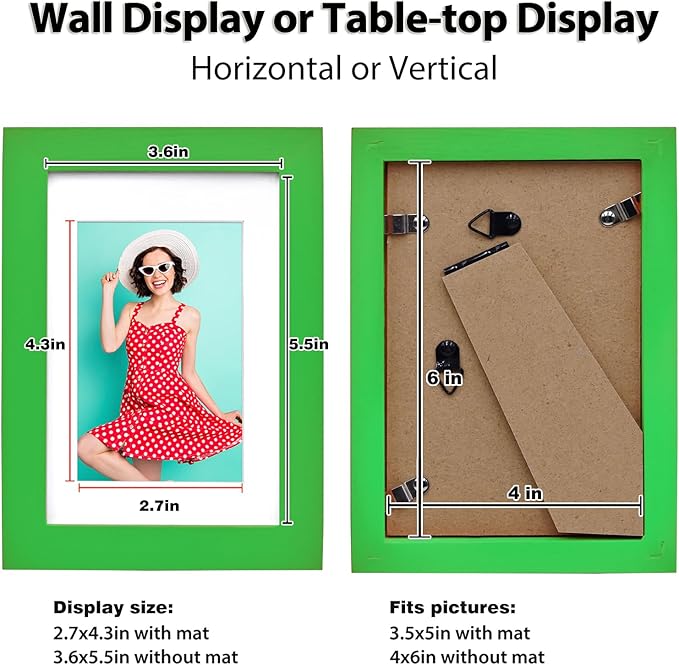 KINLINK 4x6 Picture Frame Grass Green, Solid Wood Frames with Acrylic Plexiglass for 3.5x5 with Mat or 4x6 without Mat, Tabletop and Wall Display Photo Frame, 4 Pack
