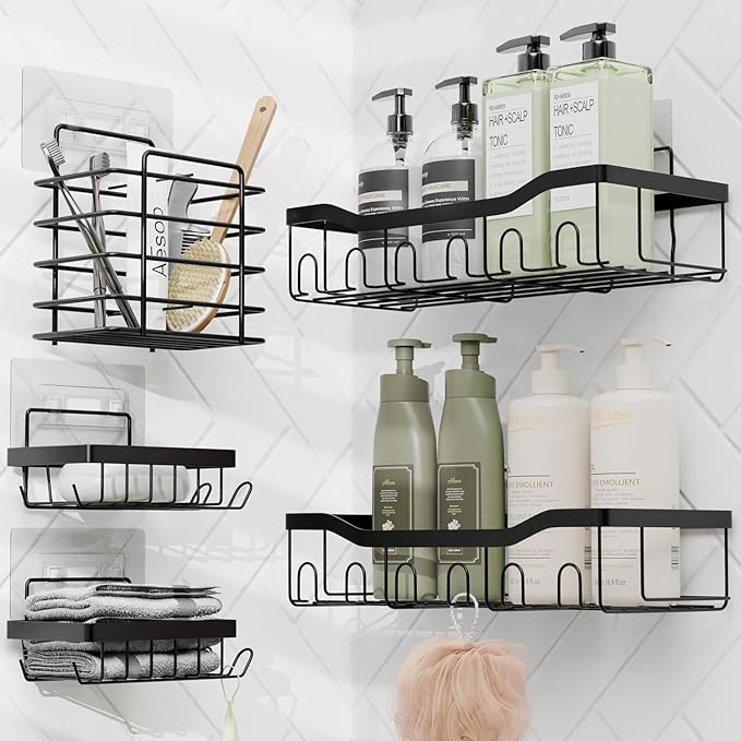 Shower Caddy and Bathroom Accessories Set 25PC Bathroom Accessory Set with Shower Shelf Caddy for Bathroom Storage, White Shower Curtain Set, Toilet Brush, Trash Can, Soap Dispenser, Toothbrush holder