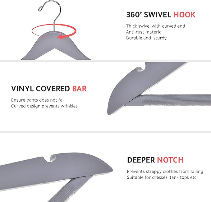 Quality Wooden Hangers - Slightly Curved, Heavy-Duty Coat Hangers with Stylish Chrome Hooks - 30-Pack Sets for Clothes, Jackets, Shirts, Pants, Suits (Gray)