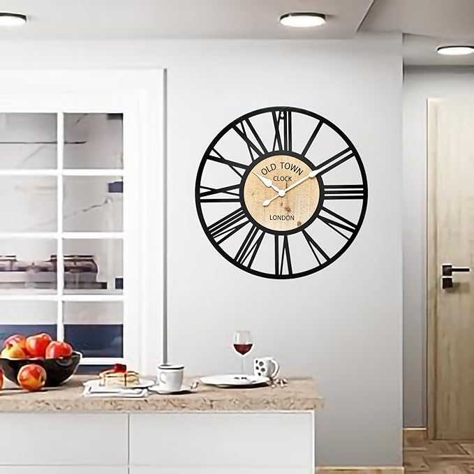 Large Old Town Wall Clock - Decorative Antique 24-inch Silent Non Ticking Clock for Farmhouse, Dining Room, Bedroom, Kitchen - Black Metal and Wood Clocks