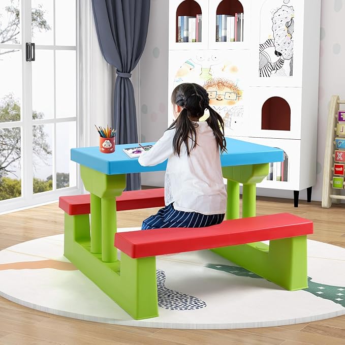 DORTALA Kids Picnic Table, Outdoor Toddler Table and Bench Set with Removable Umbrella, Plastic Kids Activity Table Set for Backyard, Garden, Nursery, Gift for Boys Girls Age 3+, Red