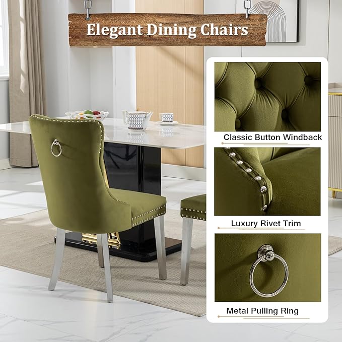 Goujxcy Glass Dining Table Set for 4, Modern Kitchen Table and Chairs Set of 4, 5-Piece Kitchen Dining Room Table Set w/61 Glass Silver Dining Table and 4 Green Velvet Upholstered Chairs