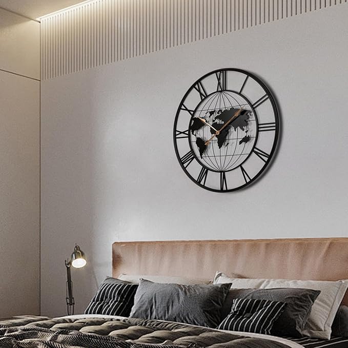 36 Inch Extra Large World Map Wall Clock,Metal Minimalist Modern Silent Non-Ticking Battery Operated Round Clock for Living Room, Bedroom, Office, Kitchen, Black Roman Numerals