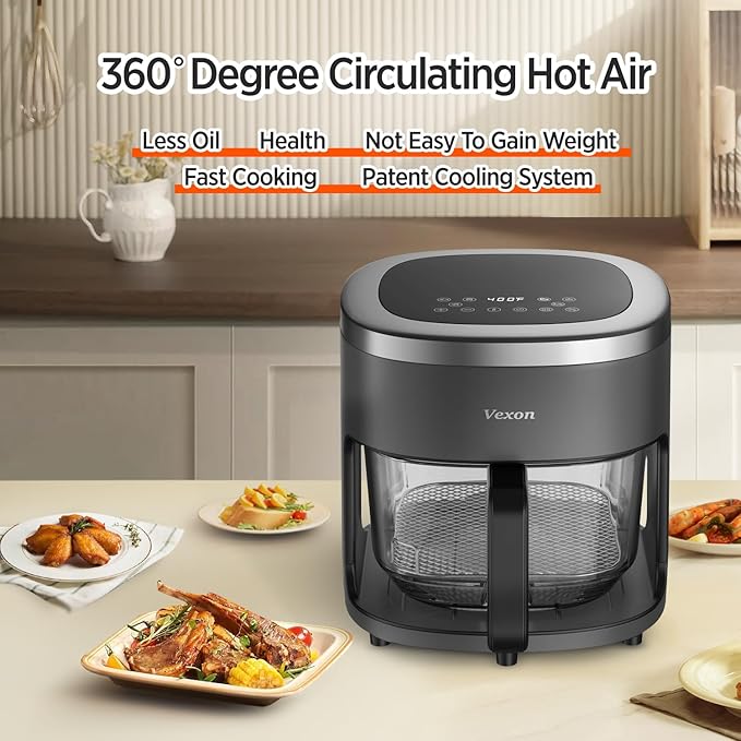 6-IN-1 Glass Air Fryer,4.5QT Air Fryer with Viewing Glass Pot, Air Fry, Dehydrate, Air Crisp Technology,Nonstick & Dishwasher Safe Basket,97% Less Oil,Features Digital Timer (Gray)