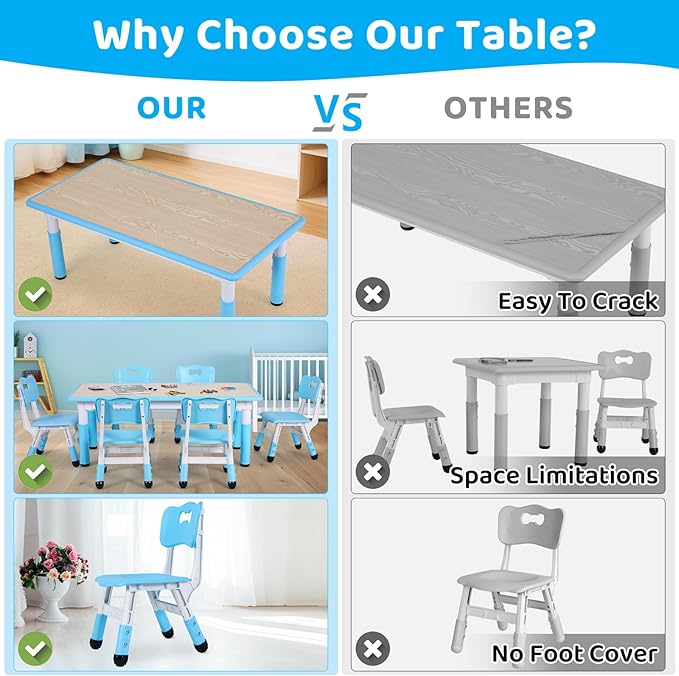 Arlopu Kids Table and 6 Chairs Set, Height Adjustable Graffiti Desk, Preschool Activity Art Craft Table, for Daycare Classroom Home Boys and Girls Age 3-12 (Blue)