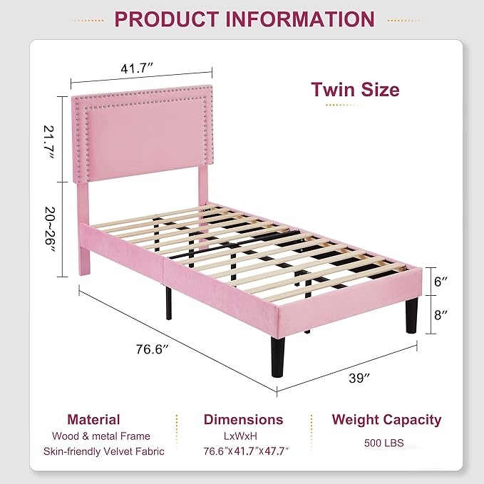 VECELO Twin Size Platform Bed Frame with Height Adjustable Upholstered Headboard, Modern Mattress Foundation,Strong Wood Slat Support, No Box Spring Needed, Easy Assembly