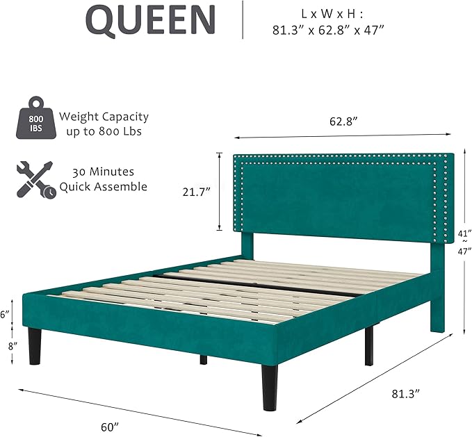 VECELO Bed Frame Queen Size with Adjustable Upholstered Headboard, Wooden Slats Platform, Noise-Free Design, Easy Assembly