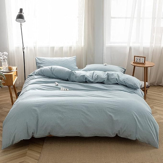 Face Two Face Bedding Duvet Cover Set100% Washed Cotton Duvet Cover Linen Like Textured Breathable Durable Soft Comfy (Twin, Light Blue)
