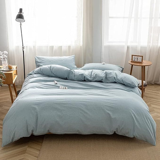 FACE TWO FACE Bedding Duvet Cover Set 3 Pieces 100% Washed Cotton Duvet Cover Linen Like Textured Breathable Durable Soft Comfy (King, Light Blue)