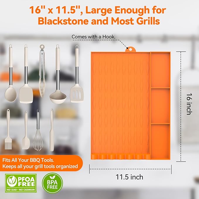 Upgrade Silicone Grill Mat for Blackstone and Most Grills with 3 Separate Storage, Griddle Tools Mat BBQ Grill Accessories, Spatula Holder & Side Shelf Protector for Outdoor Grill and Kitchen Counter