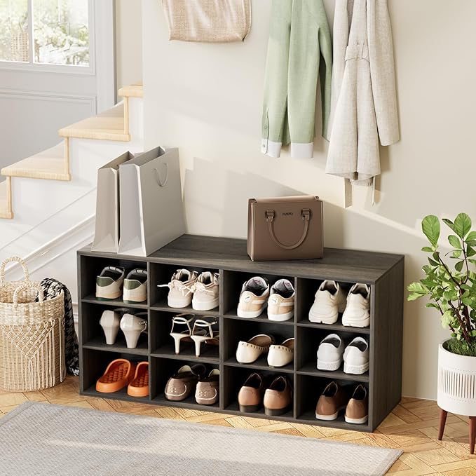 12-Cubby Shoe Rack, 3-Tier Wood Shoe Organizer, Multifunctional Shoe Organizer Bench for Entryway, Mudroom, Hallway, Closet,36.22 * 11.81 * 17.72 Inch,Black
