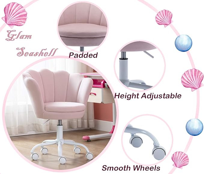Adjustable Kids Desk Chair Cute Reading Computer Chair for Students Modern Upholstered Velvet Swivel Rolling Armchair for Girls Bedroom, Seashell Back (Light Pink)