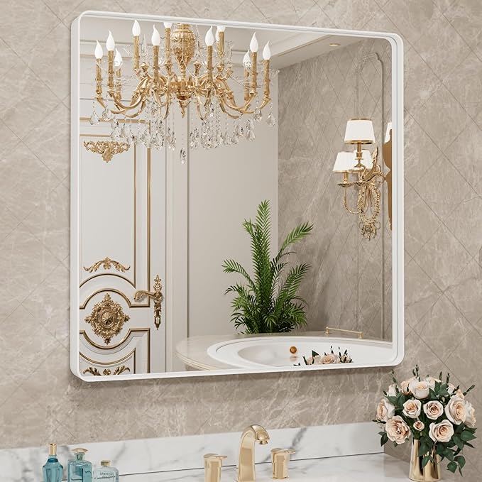 LOAAO 30x30 Inch White Metal Framed Bathroom Mirror for Wall, White Bathroom Vanity Mirror Farmhouse, Large Rounded Rectangle Mirror, Anti-Rust, Hangs Horizontally or Vertically