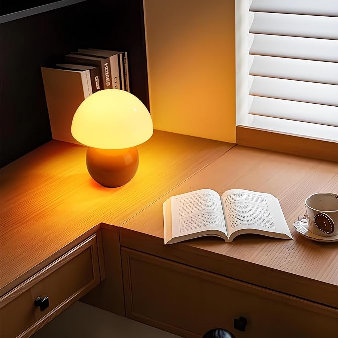 Mushroom Lamp - Ceramic Base with Multi-level Dimming | Retro-Modern Small Lamp in Vibrant Orange | Cute Aesthetic Desk/Bedside Light for Bedroom/Living Room, Decorative Accent & Thoughtful Gift
