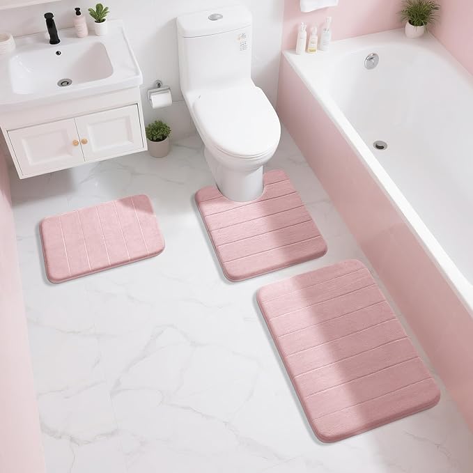 Yimobra Pink Bath Mat 24x17 Inch, Super Soft Absorbent Memory Foam Bathroom Rug Non Slip, Quick Dry, Machine Washable Floor Carpet for Tub Shower, Home Decor Accessories