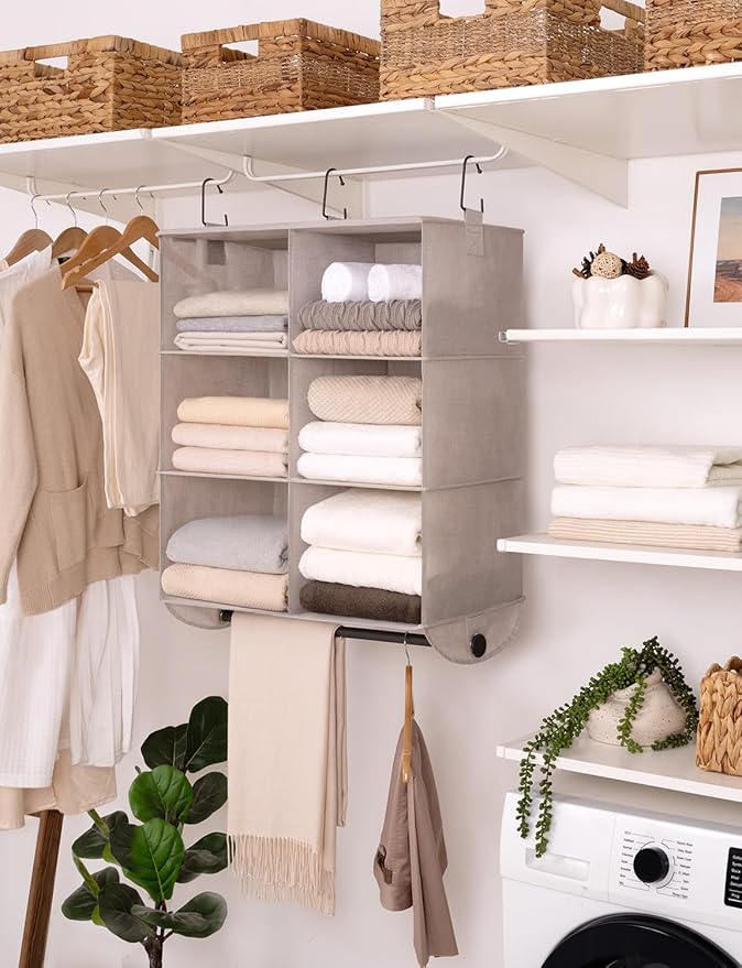 StorageWorks Hanging Closet Organizer with Metal Rod, 6-Section Closet Organizers and Storage, Collapsible Hanging Shelves for Wardrobe Organizer, Nursery, Bedroom, Light Khaki