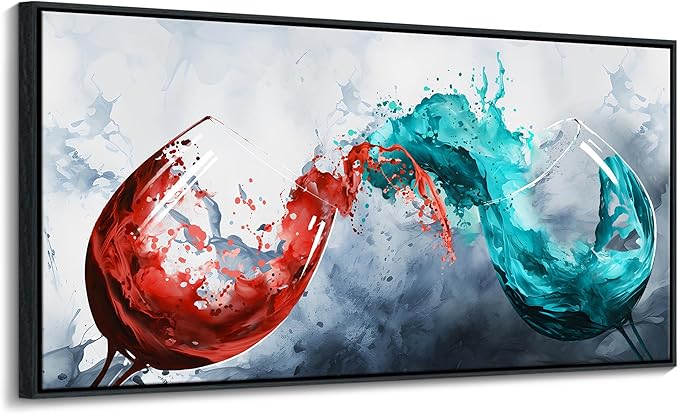 Framed Blue & Red Wine Glass Collisions Canvas Art | 24x48 inches | Modern Kitchen & Dining Room Decor | Abstract Wine Cup Painting | Contemporary Bar & Living Room Wall Art | pictures wall decor