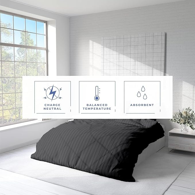 Kotton Culture 3 Pc Queen Size Duvet Cover Set- 100% Egyptian Cotton Sateen 600 TC Ultra Soft Premium Durable Comforter Cover Zipper Closure & Corner Ties (Striped Dark Grey, Queen/Full 90" X 90")