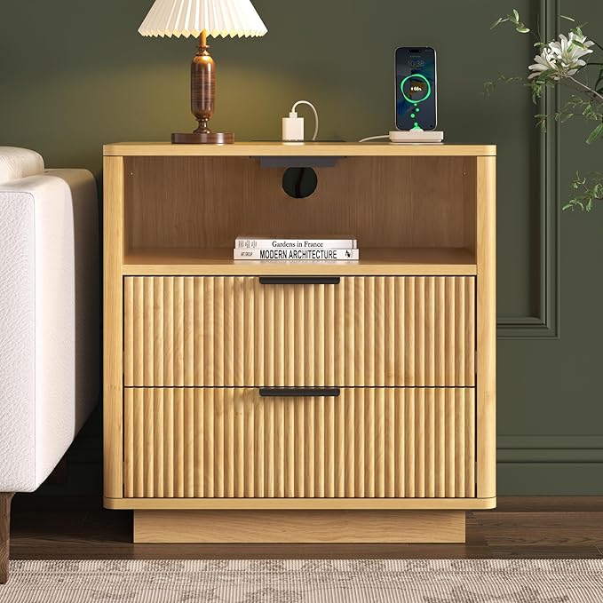 HOMMPA 24'' Fluted Nightstand with Charging Station, Modern Bedside Table with Storage, 2 Drawer Beside End Table with Open Shelf, Mid Century Modern Wood Night Stand for Bedroom, Living Room