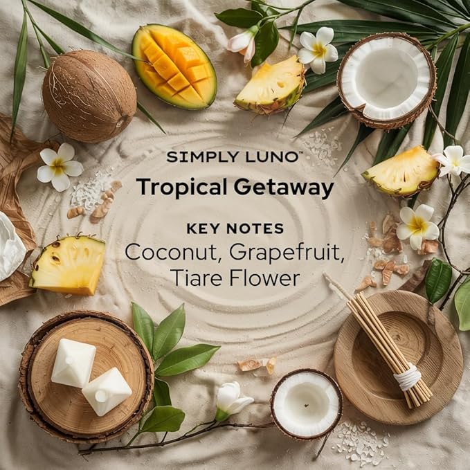 Tropical Getaway Scented Candle – 14oz Soy Wax with Coconut, Mango & Sea Salt – Summer Candle for Home – 50+ Hour Burn – Eco Friendly Gift Box in Reusable Glass Jar with Bamboo Lid