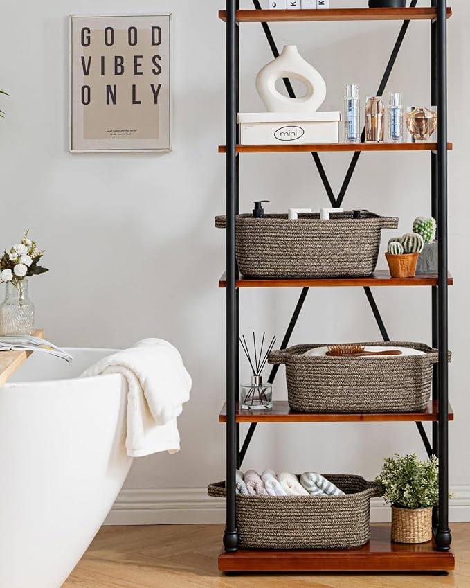 KALLAX Small Woven Basket, 14 x 10 x 5.6 Inches, Small Storage Baskets for Organizing, Gift Baskets Empty, Cute Rope Shelf Closet Storage Bins for Shelves, Dog Toy Basket, Black & Brown Mixed