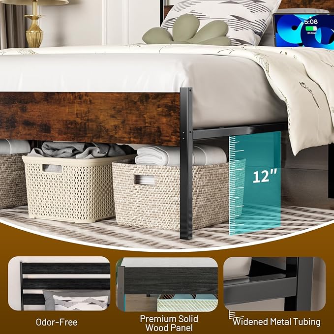 Twin Bed Frame with Headboard,Heavy Duty LED Bed Frame with USB Charging Station,Mattress Foundation-Under Bed Storage, No Box Spring Needed, Noise Free,Brown