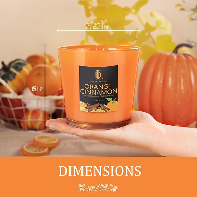 Orange Cinnamon Candle, Fall Scented Candles, Large 30oz Natural Soy Candles, 4-Wick 80 Hour Burn Time, Holiday Candle Gifts for Home Decor