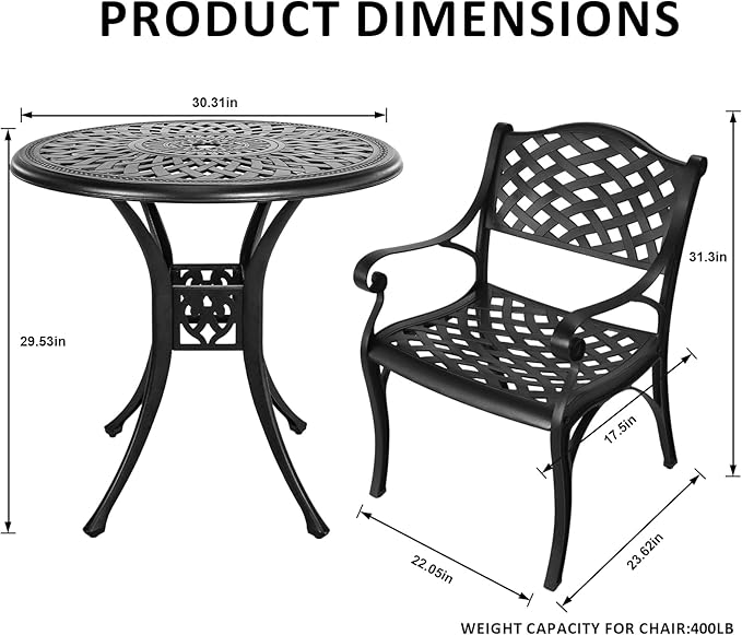 30.31" Outdoor Table and Chairs, Patio Table Set with 2.36" Umbrella Hole, Anti-Resistant Outdoor Dinning Set, Cast Aluminum Patio Furniture Set for Garden, Porch, Deck