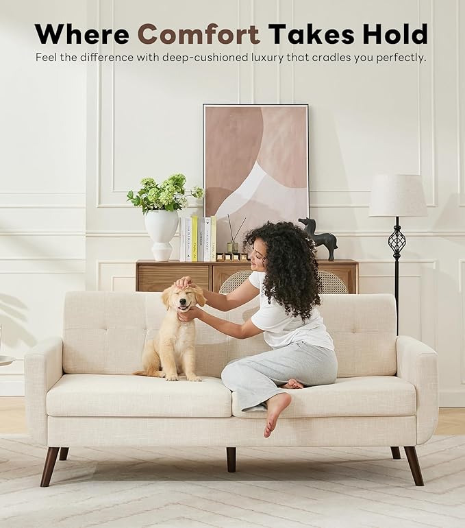 Tbfit 77.2" W Linen Sofa Couch, Mid Century Modern Decor Loveseat Couches for Living Room, Button Tufted Upholstered Small Couch for Bedroom, Solid, and Easy to Install Love Seats Furniture, Beige