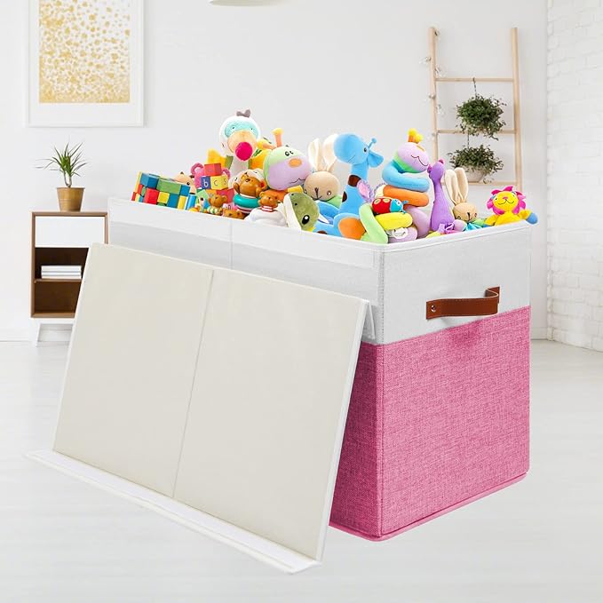 Large Toy Box with Lid, Sturdy Toy Storage Chest Bin Boxes Organizer Basket with Dividers for Toddlers, Kids, Boys, Girls, Nursery, Closet, Bedroom, Playroom 25"x13" x16" (Pink and White)