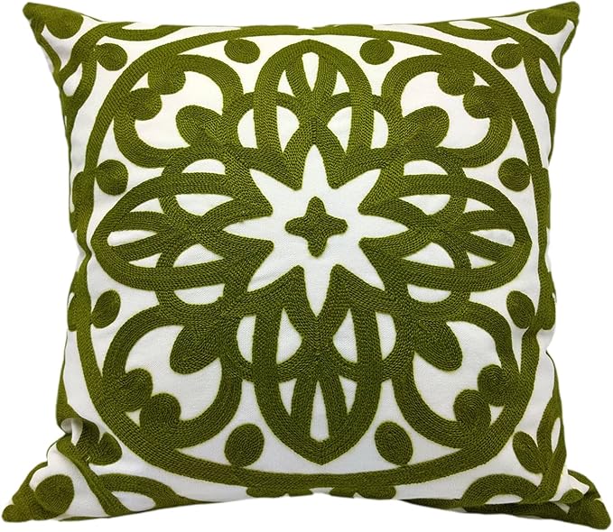 Alysheer Embroidered Decorative Throw Pillow Cover 20"x 20", Boho Mandala Modern Thick Embroidery Pattern, Durable Cotton Canvas Soft Cushion Case for Sofa Couch Bed Living Room (Olive Green)