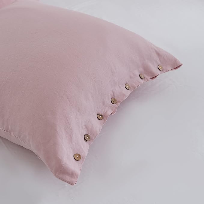 Simple&Opulence 100% Washed Linen Euro Sham Cover, 26 x 26 Inch, Decorative Bed Pillow Cover with Coconut Button, Solid Color Pillow Shams Set of 2 (Blush Pink)