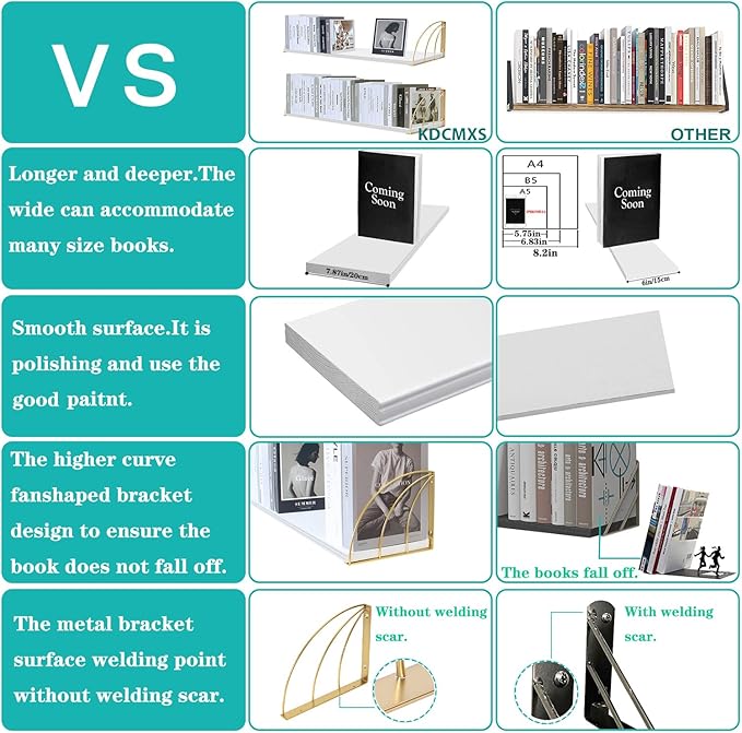 White Wall Bookshelf Pine Wood Large 31.5×7.87 Inch White and Gold Floating Shelves with Elegant Lines,Floating Book Shelves for Wall,White Gold Shelves,Floating Bookshelves Set of 2.