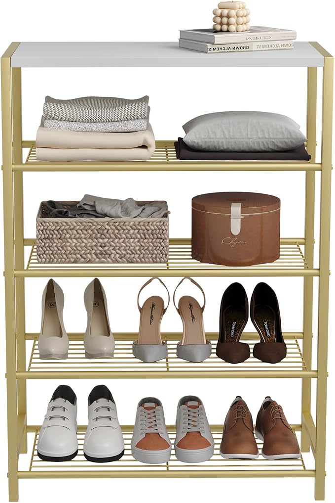 HOMEFORT 5-Tier Shoe Rack, Shoe Storage Shelf, Industrial Shoe Tower, Narrow Shoe Organizer for Closet Entryway, Small Shoe Rack Table with Durable Metal Shelves, Gold