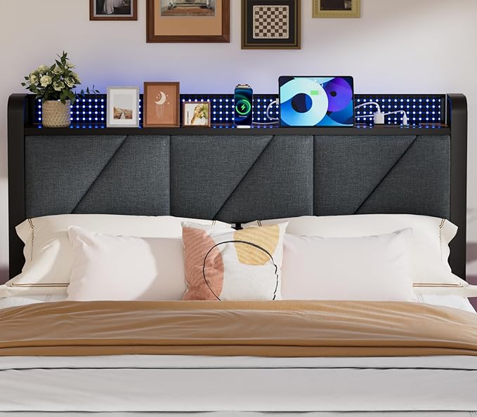 Furnulem Full Bed Frame with LED Lights,Headboard with Charging Station and USB Port,Upholstered Platform Bedframe Metal Support,No Box Spring Needed