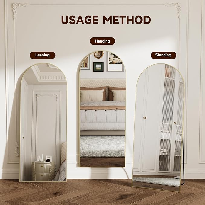 Arched Full Length Mirror 58"x19", Gold Tempered Glass Wall Hanging Mounted Body Length Mirrors with Stand, Large Floor Aluminum Alloy Thin Frame