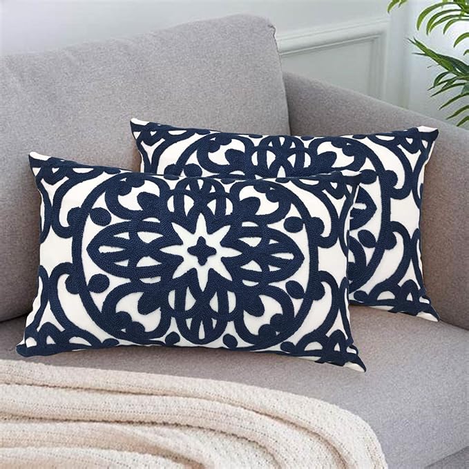 Alysheer Embroidered Lumbar Decorative Throw Pillow Covers 12"x 20" Set of 2, Classic Boho Mandala Embroidery Pattern Cotton Rectangular Cushion Case for Sofa Couch Living Room Bedroom(Navy Blue)
