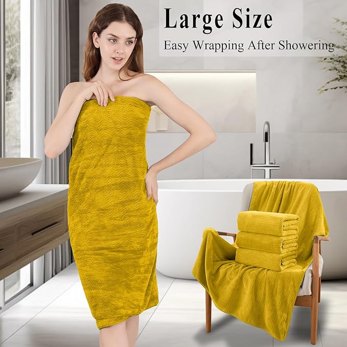 Bath Towel Set of 4, Extra Large Towels Oversized 35x70 Inch Shower Bathroom Towels Highly Absorbent Quick Dry Towel Textured Soft Bath Sheet Towels Set for Bathroom Hotel SPA Fitness Camping (Yellow)