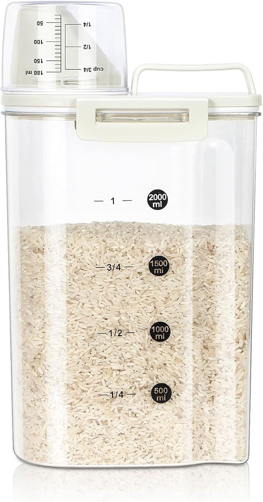 TBMax Rice Container, High Transparency PET Airtight Food Storage Container 2.64 Qt/4 Lbs, Kitchen Pantry Cereal Storage Container with Measuring Cup, Small Pet Cat Dog Food Container Dispenser -Beige