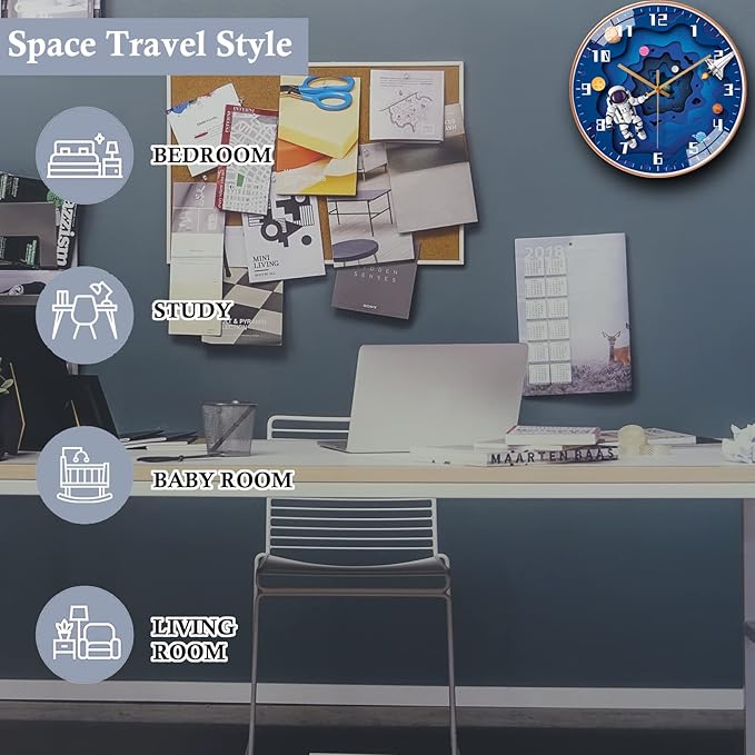 12 Inch Silent Movement Kids Wall Clock, Non Ticking Children Round Wall Clock Battery Operated Space Travel Style Decor Children Clock for School Boys Bedroom Living Room Space Decor (Blue)