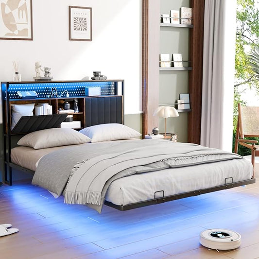 VINGLI Floating Bed Frame Queen with LED Lights and Charging Station,Sturdy Metal Platform Bed,Hidden Storage Velvet Upholstered Headboard,No Box Spring Needed,Easy Assembly