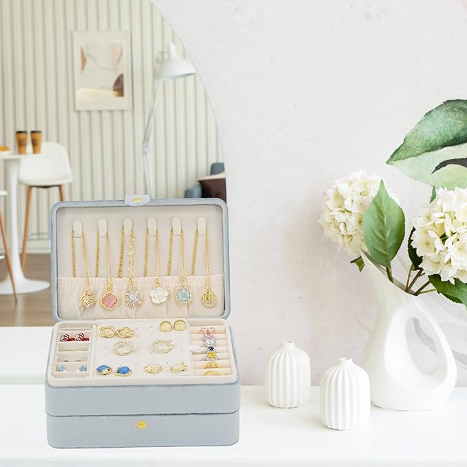 KOOAAICCHI Small Jewelry Box, Travel Jewelry Organizer, Portable Jewelry boxes for Women Girls Gift, Double Layers PU Leather Jewelry Holder for Rings, Earrings, Necklaces-Velvet Blue