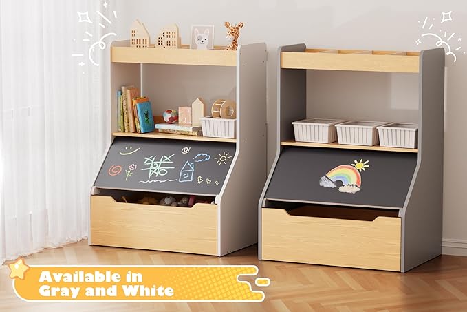 KORIMEFA 37.4" Tall Toy Box & Chalkboard Lid Wood Toddler Bookcase and Kid Toy Storage Bin & Organizer, Gray