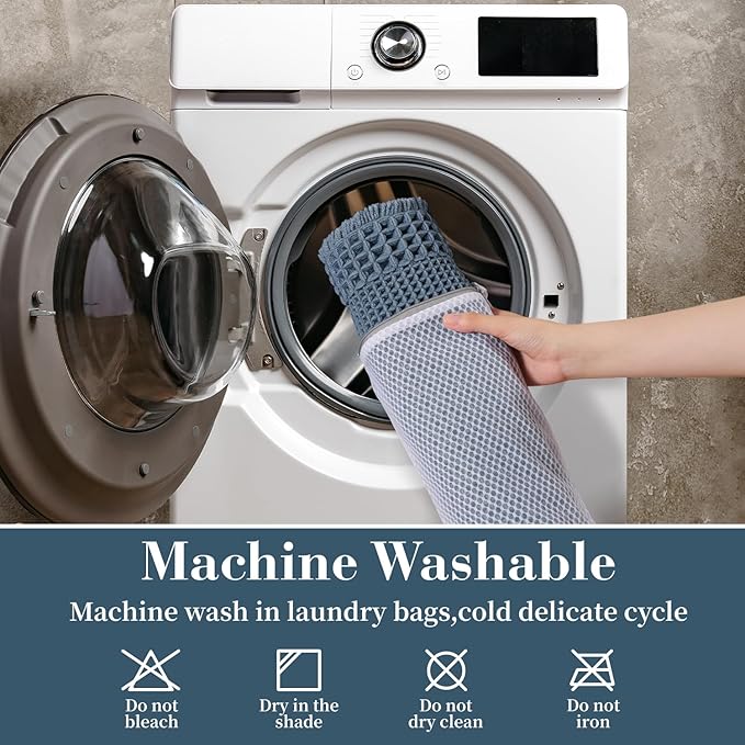 RESARE Waffle Bath Mat - Super Absorbent Non Slip Machine Washable Boho Bath Rugs with Tassels, Upgraded Bordered Design, 17"x24" Blue