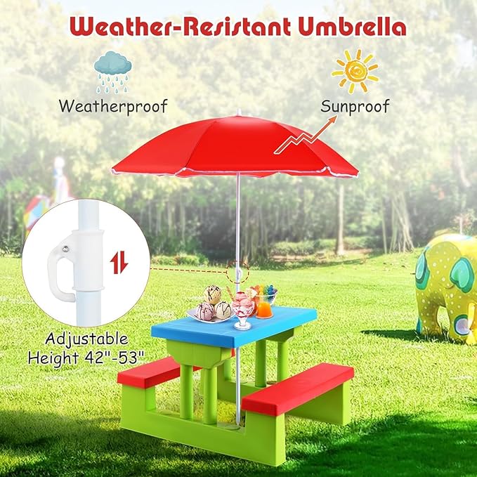 Kids Picnic Table, Toddler Picnic Table with Removable & Foldable Umbrella, Plastic Children Patio Furniture for Garden Backyard, Kids Outdoor Table, Red, Blue & Green