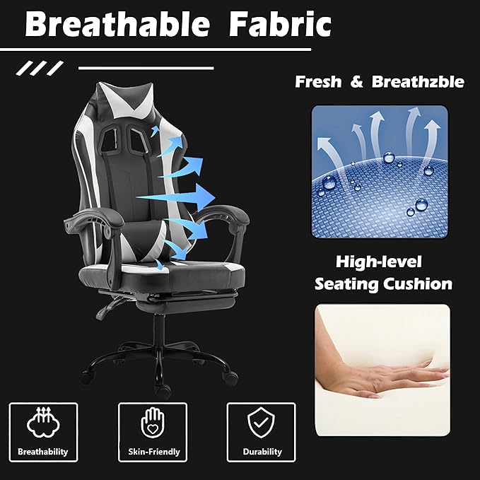 Gaming Chair,Big and Tall Massage Video Game Chairs,Lumbar Support Footrest Padded Armrest Adjustable Height Swivel,300lb Capacity, Comfy Racing Gaming Chairs for Adult Kids (White)