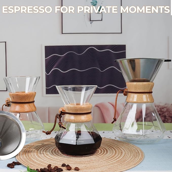 Pour Over Coffee Maker 400ml with 304 Stainless Steel Filter and Wooden Collar Holder Borosilicate Glass Drip Coffeemaker Server Set Clear Hand Brew Dripper Carafe for Home Camping Travel 13.5oz