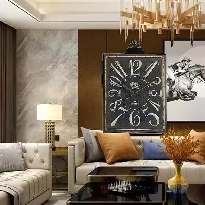 Vintage Bronze Metal Wall Clock, Large Retro Wall Decor Rectangular Silent Non Ticking Clock for Living Room Decor, Kitchen, Bedroom, Study Decoration, Handmade Home Gift Idea